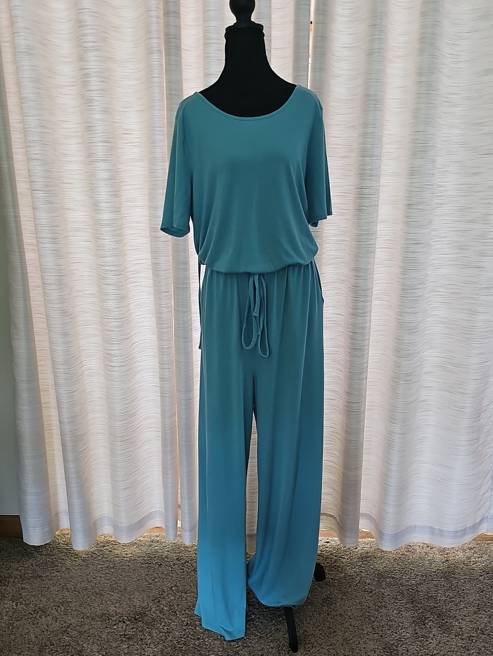Zenana Outfitters Teal Wide-Leg Drawstring Jumpsuit